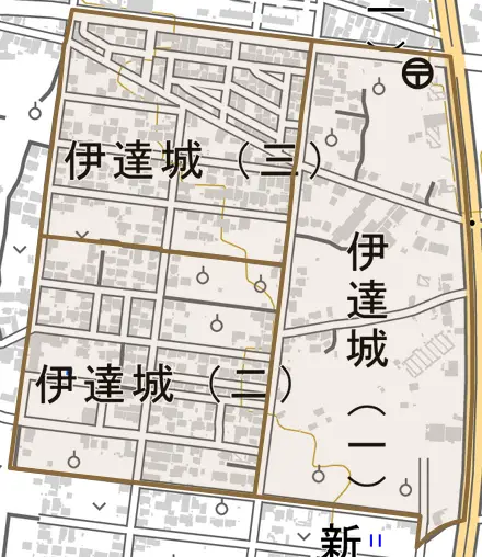 伊達城とその周辺の地図。町の範囲を重ねている