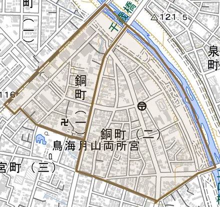 銅町とその周辺の地図。町の範囲を重ねている