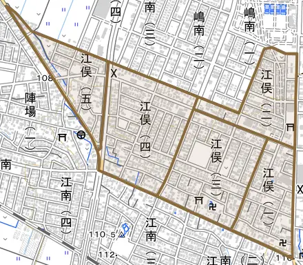 江俣とその周辺の地図。町の範囲を重ねている