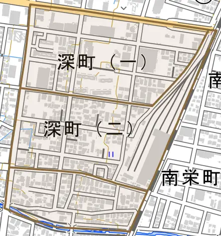 深町とその周辺の地図。町の範囲を重ねている