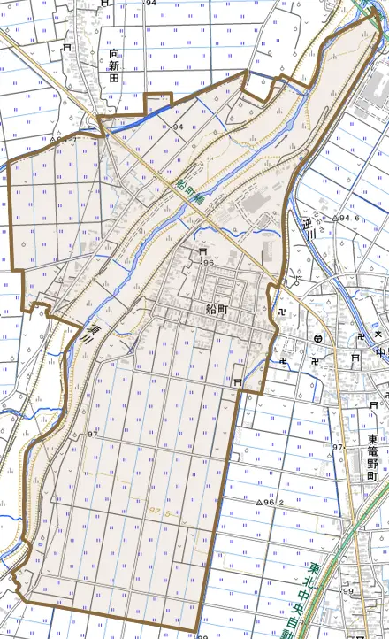 大字船町とその周辺の地図。町の範囲を重ねている