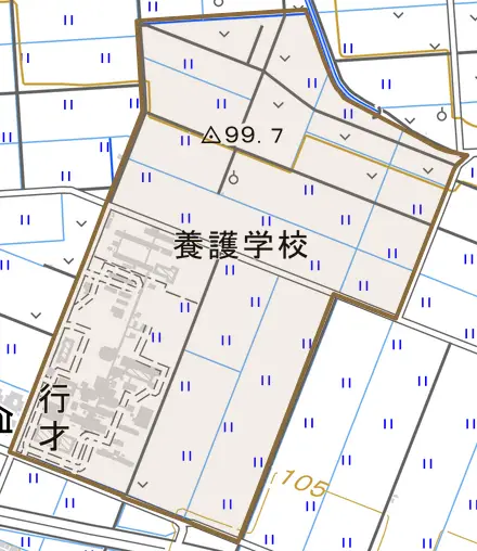 行才とその周辺の地図。町の範囲を重ねている