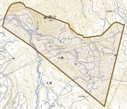 大字八森とその周辺の地図。町の範囲を重ねている