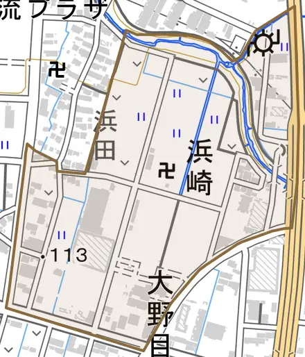 浜崎とその周辺の地図。町の範囲を重ねている