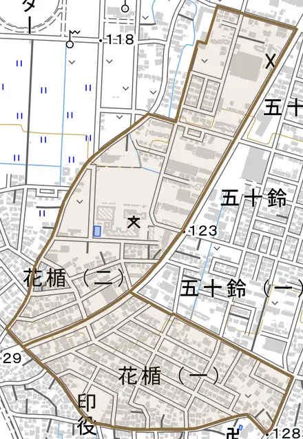花楯とその周辺の地図。町の範囲を重ねている