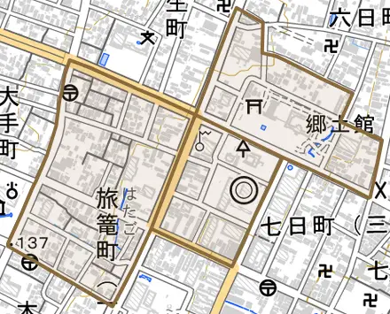 旅篭町とその周辺の地図。町の範囲を重ねている