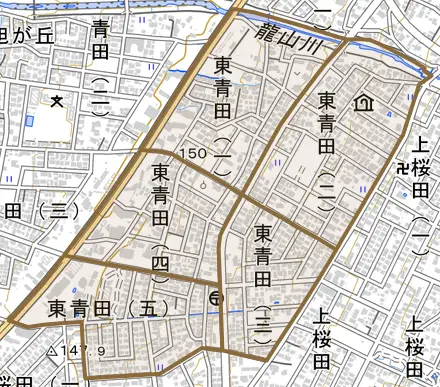 東青田とその周辺の地図。町の範囲を重ねている