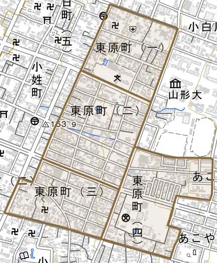東原町とその周辺の地図。町の範囲を重ねている