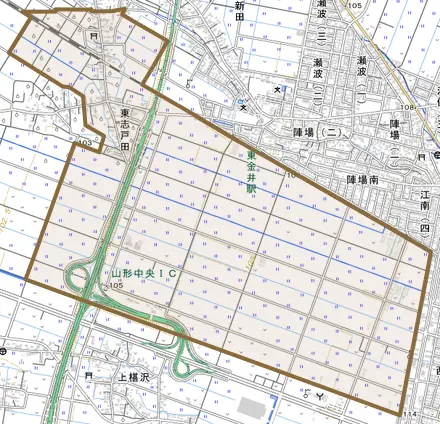 東志戸田とその周辺の地図。町の範囲を重ねている
