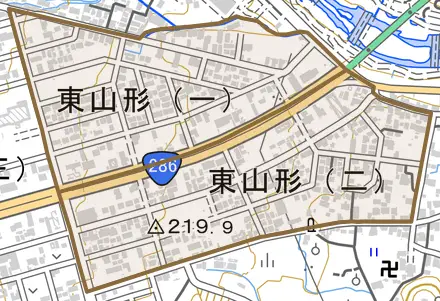 東山形とその周辺の地図。町の範囲を重ねている