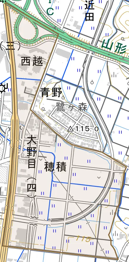 穂積とその周辺の地図。町の範囲を重ねている