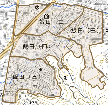 飯田とその周辺の地図。町の範囲を重ねている