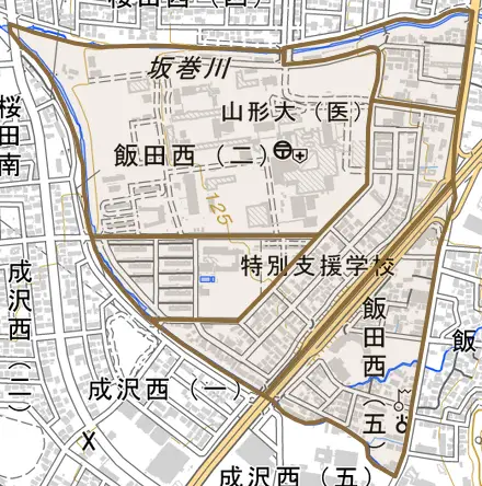 飯田西とその周辺の地図。町の範囲を重ねている