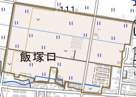 飯塚口とその周辺の地図。町の範囲を重ねている