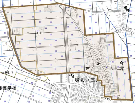 大字今塚とその周辺の地図。町の範囲を重ねている