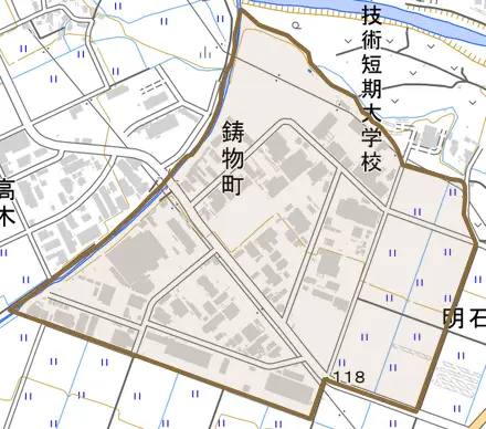 鋳物町とその周辺の地図。町の範囲を重ねている