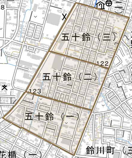 五十鈴とその周辺の地図。町の範囲を重ねている
