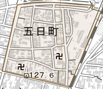 五日町とその周辺の地図。町の範囲を重ねている