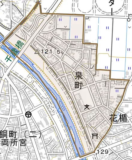 泉町とその周辺の地図。町の範囲を重ねている