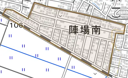 陣場南とその周辺の地図。町の範囲を重ねている