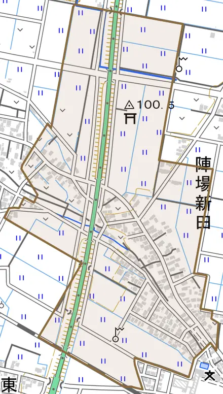 大字陣場新田とその周辺の地図。町の範囲を重ねている