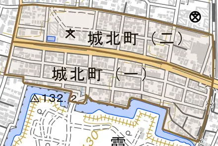 城北町とその周辺の地図。町の範囲を重ねている