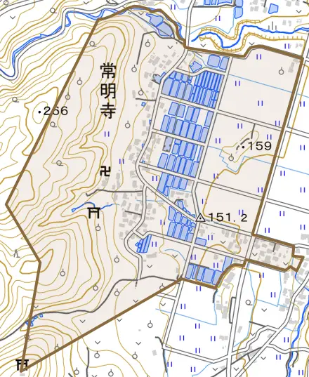 大字常明寺とその周辺の地図。町の範囲を重ねている