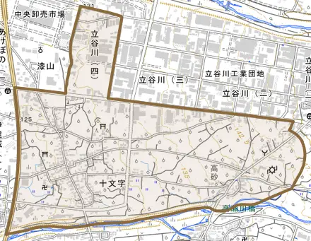 大字十文字とその周辺の地図。町の範囲を重ねている
