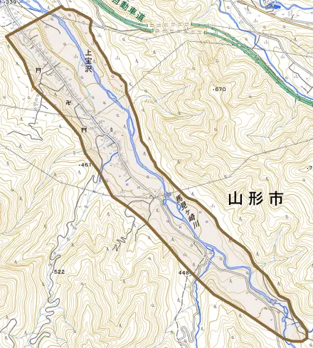大字上宝沢とその周辺の地図。町の範囲を重ねている