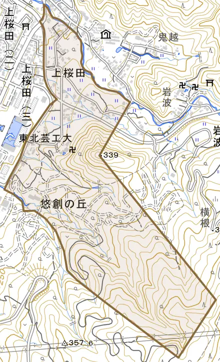 大字上桜田とその周辺の地図。町の範囲を重ねている