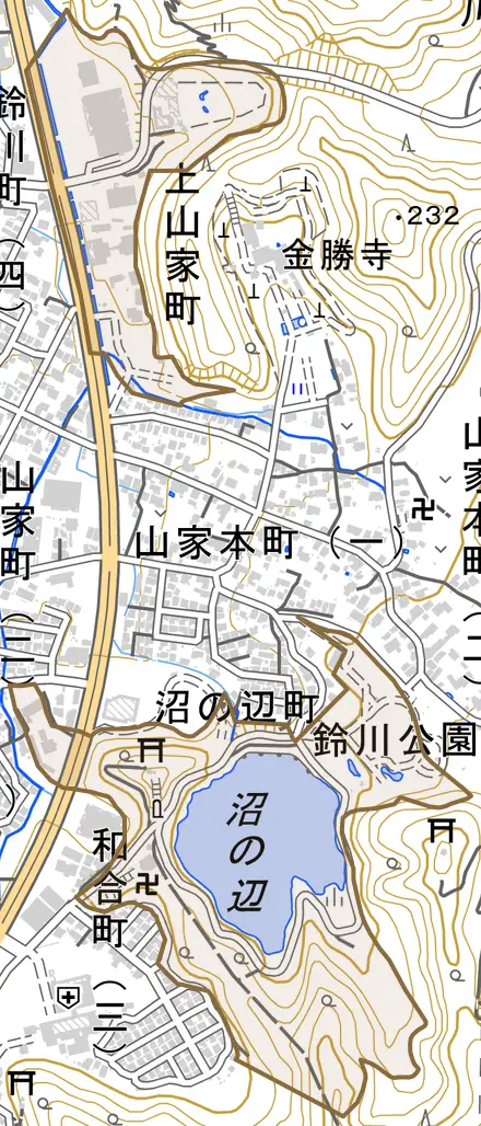 上山家町とその周辺の地図。町の範囲を重ねている