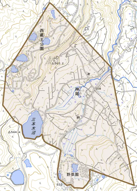 大字神尾とその周辺の地図。町の範囲を重ねている
