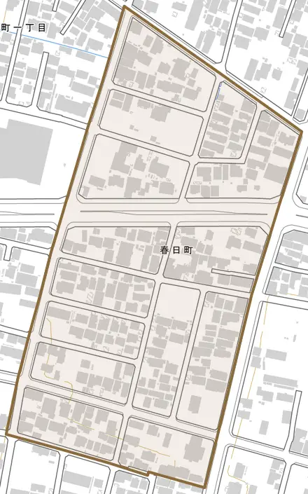春日町とその周辺の地図。町の範囲を重ねている
