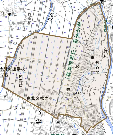 大字片谷地とその周辺の地図。町の範囲を重ねている