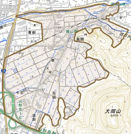 大字風間とその周辺の地図。町の範囲を重ねている