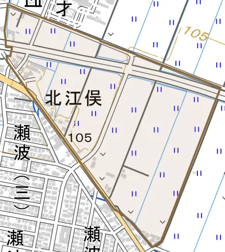 北江俣とその周辺の地図。町の範囲を重ねている