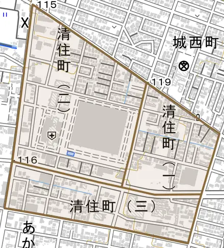 清住町とその周辺の地図。町の範囲を重ねている