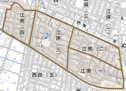 江南とその周辺の地図。町の範囲を重ねている