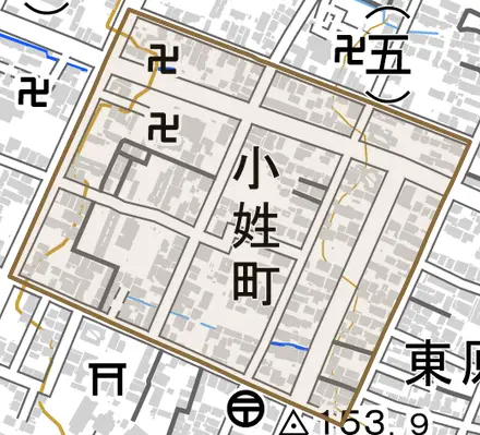 小姓町とその周辺の地図。町の範囲を重ねている