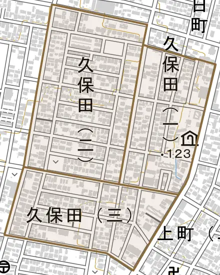 久保田とその周辺の地図。町の範囲を重ねている