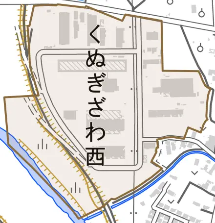 くぬぎざわ西とその周辺の地図。町の範囲を重ねている