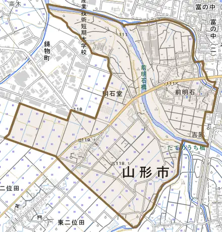 大字前明石とその周辺の地図。町の範囲を重ねている