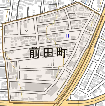 前田町とその周辺の地図。町の範囲を重ねている