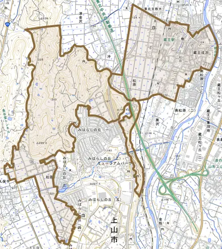 大字松原とその周辺の地図。町の範囲を重ねている