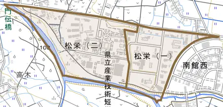 松栄とその周辺の地図。町の範囲を重ねている