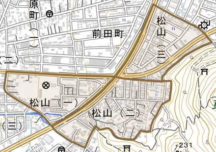 松山とその周辺の地図。町の範囲を重ねている