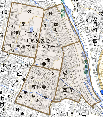 緑町とその周辺の地図。町の範囲を重ねている