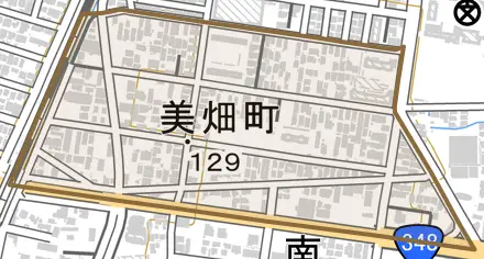 美畑町とその周辺の地図。町の範囲を重ねている