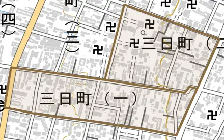 三日町とその周辺の地図。町の範囲を重ねている