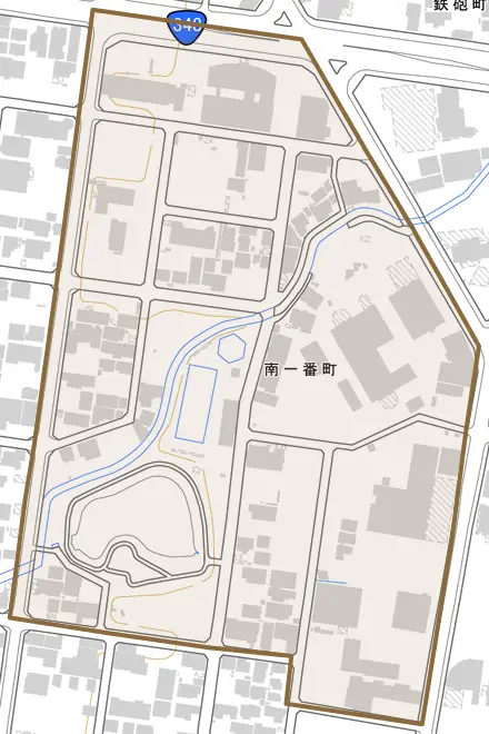 南一番町とその周辺の地図。町の範囲を重ねている